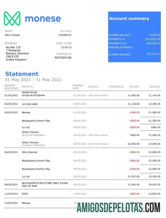Modelo de extrato bancário Monese em branco do Reino Unido em formato Excel e PDF
